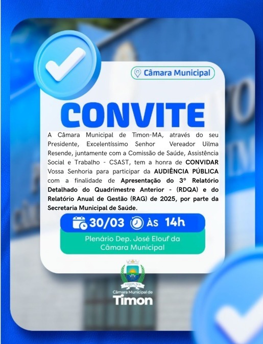 Audiência pública na Câmara Municipal de Timon MA voltada à transparência e ao controle social das ações de saúde no município.